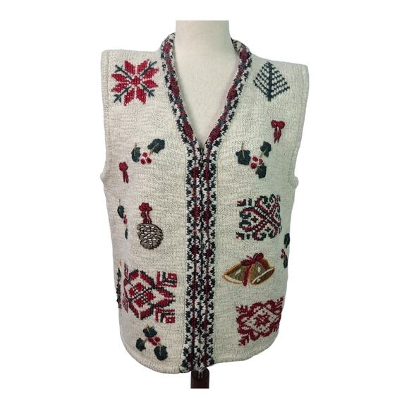 Woolrich Hand Framed Wool Knitted Zip Up Vintage Vest Winter Christmas Motif L - Picture 1 of 4